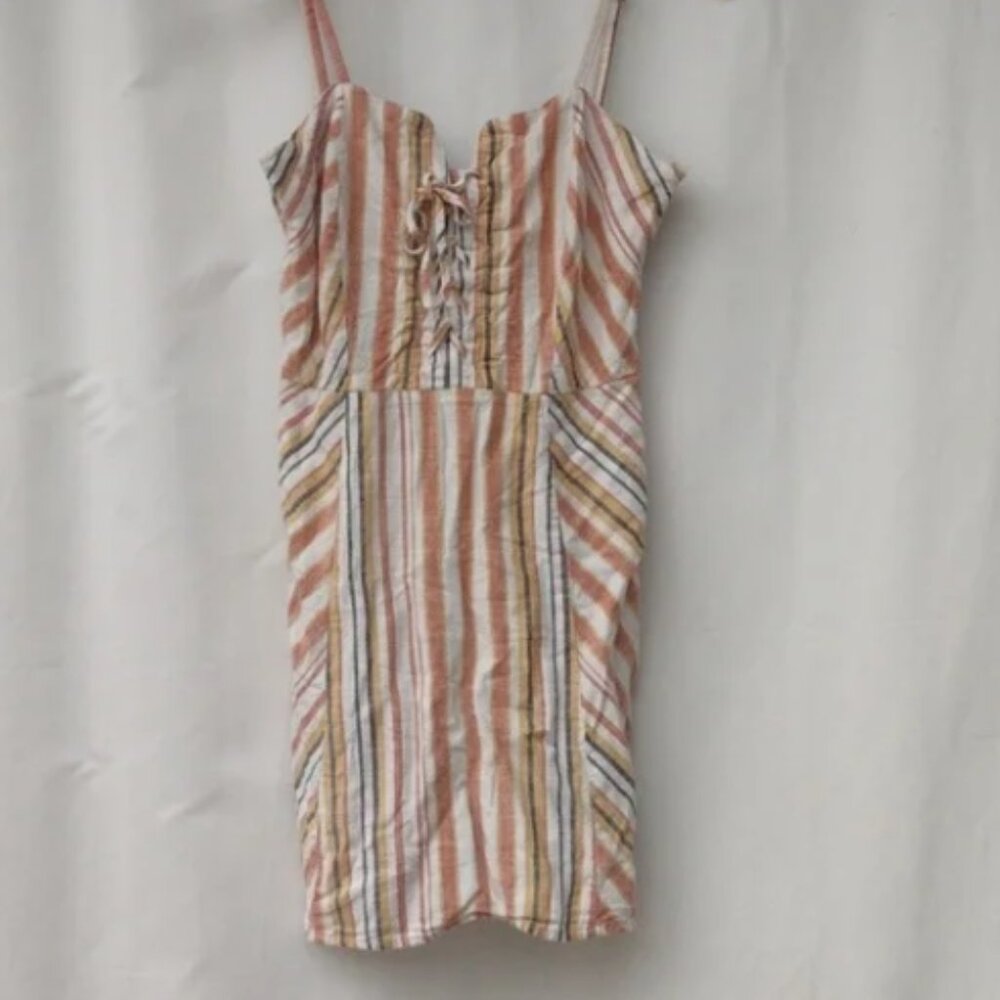 Aeropostale Linen Blend Shirred Back Striped Spaghetti Strap Dress S